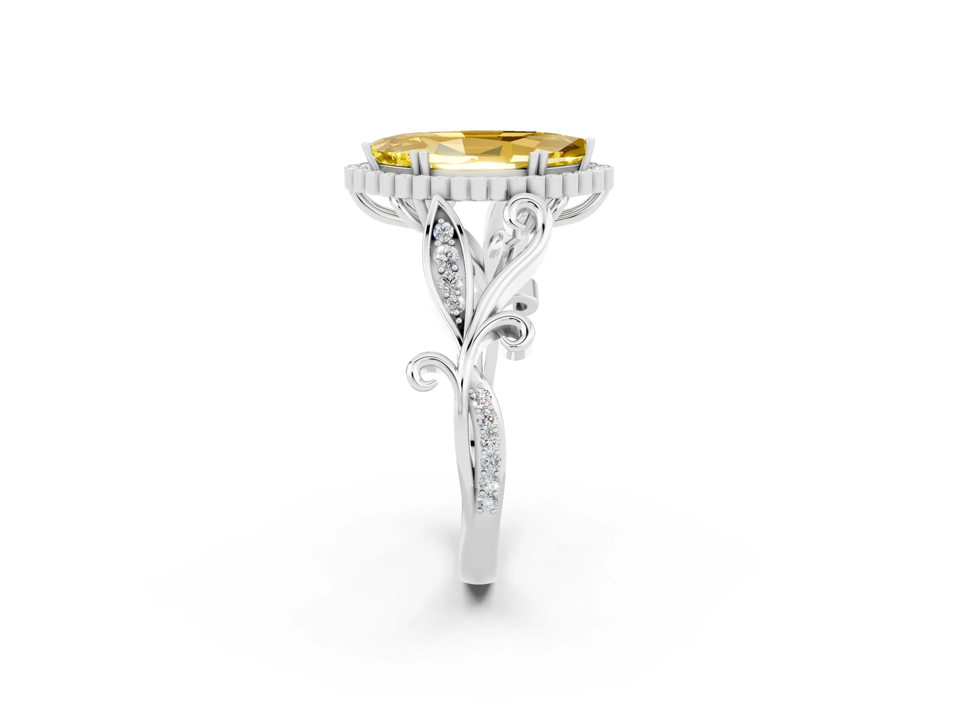 White gold Marquise Cut Yellow Sapphire Halo Ring with Vintage Split Shank and Four-Prong Setting_26