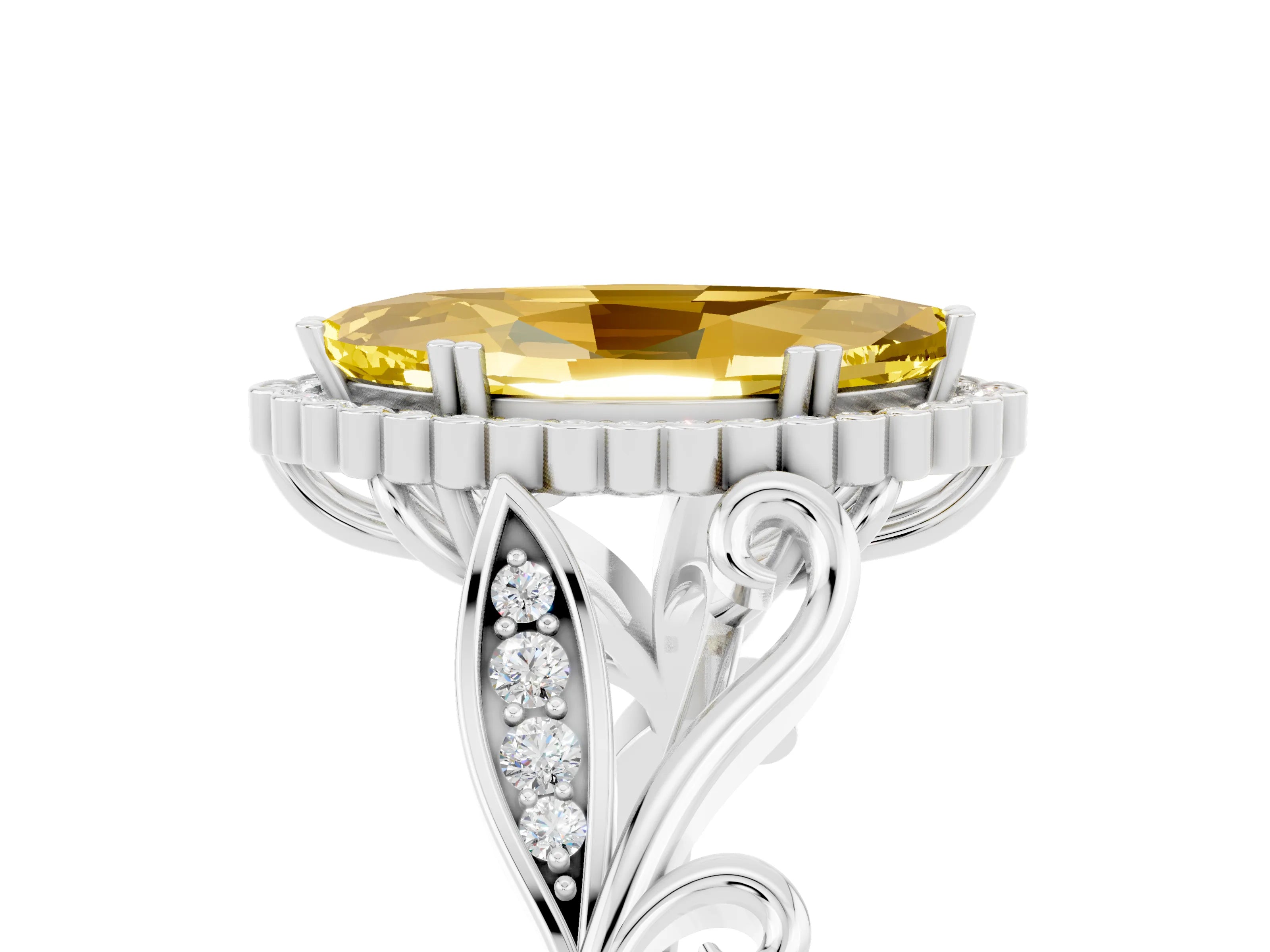 White gold Marquise Cut Yellow Sapphire Halo Ring with Vintage Split Shank and Four-Prong Setting_29