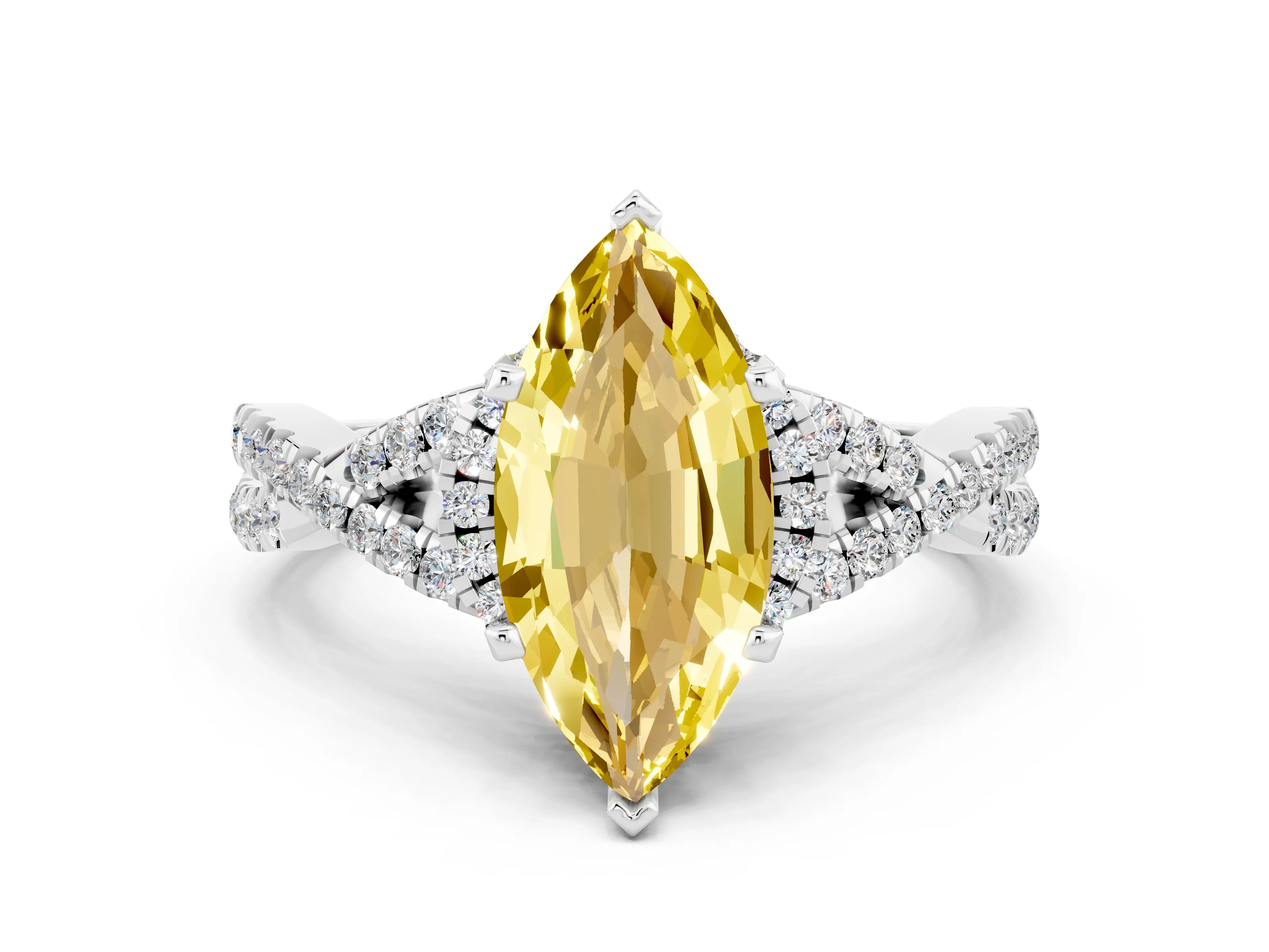 White gold Marquise Cut Yellow Sapphire Halo Twist Band Solitaire Prong Setting Ring_24
