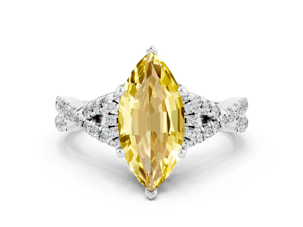 White gold Marquise Cut Yellow Sapphire  Halo Twist Band Solitaire Prong Setting Ring
