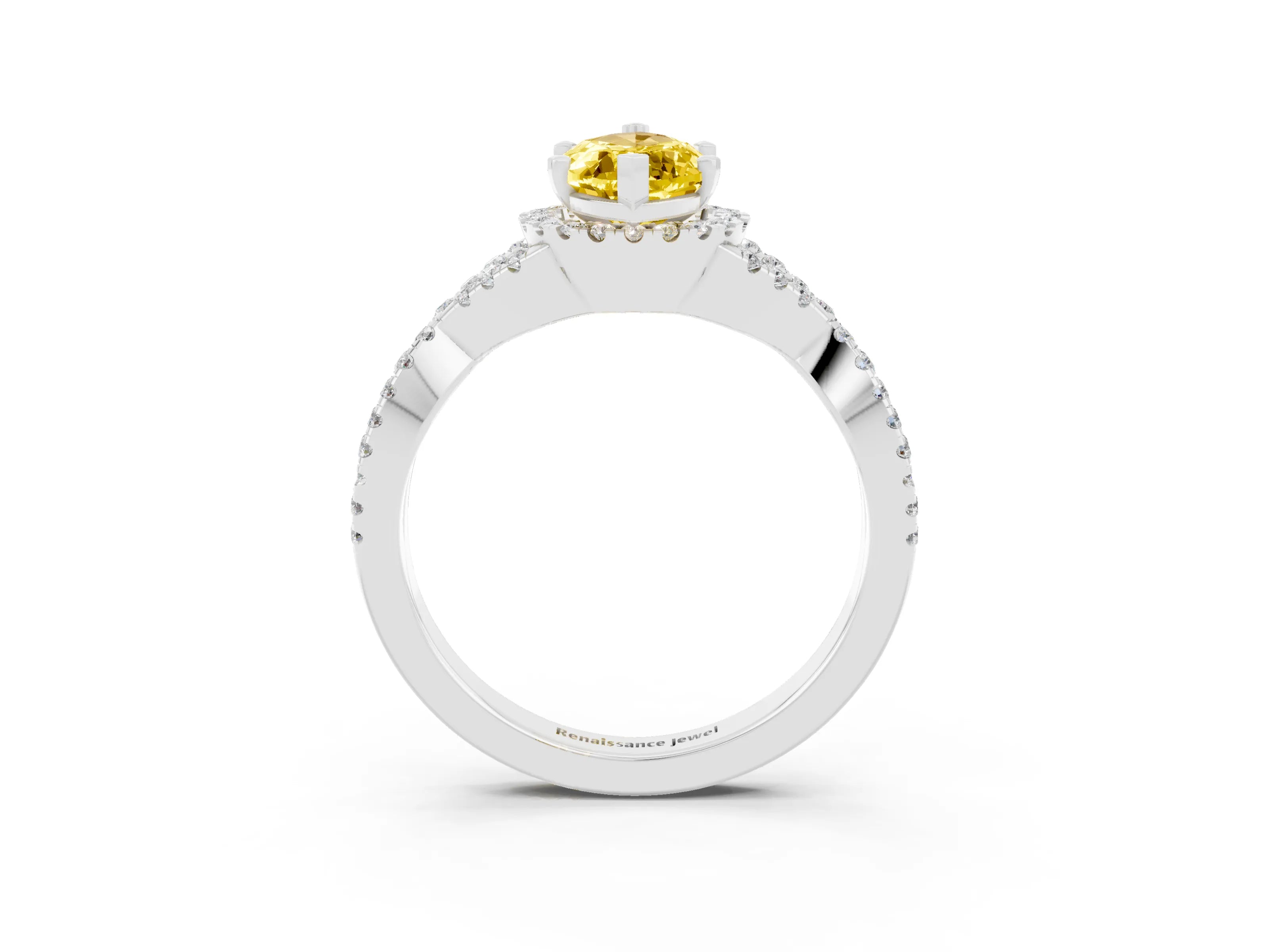 White gold Marquise Cut Yellow Sapphire Halo Twist Band Solitaire Prong Setting Ring_27