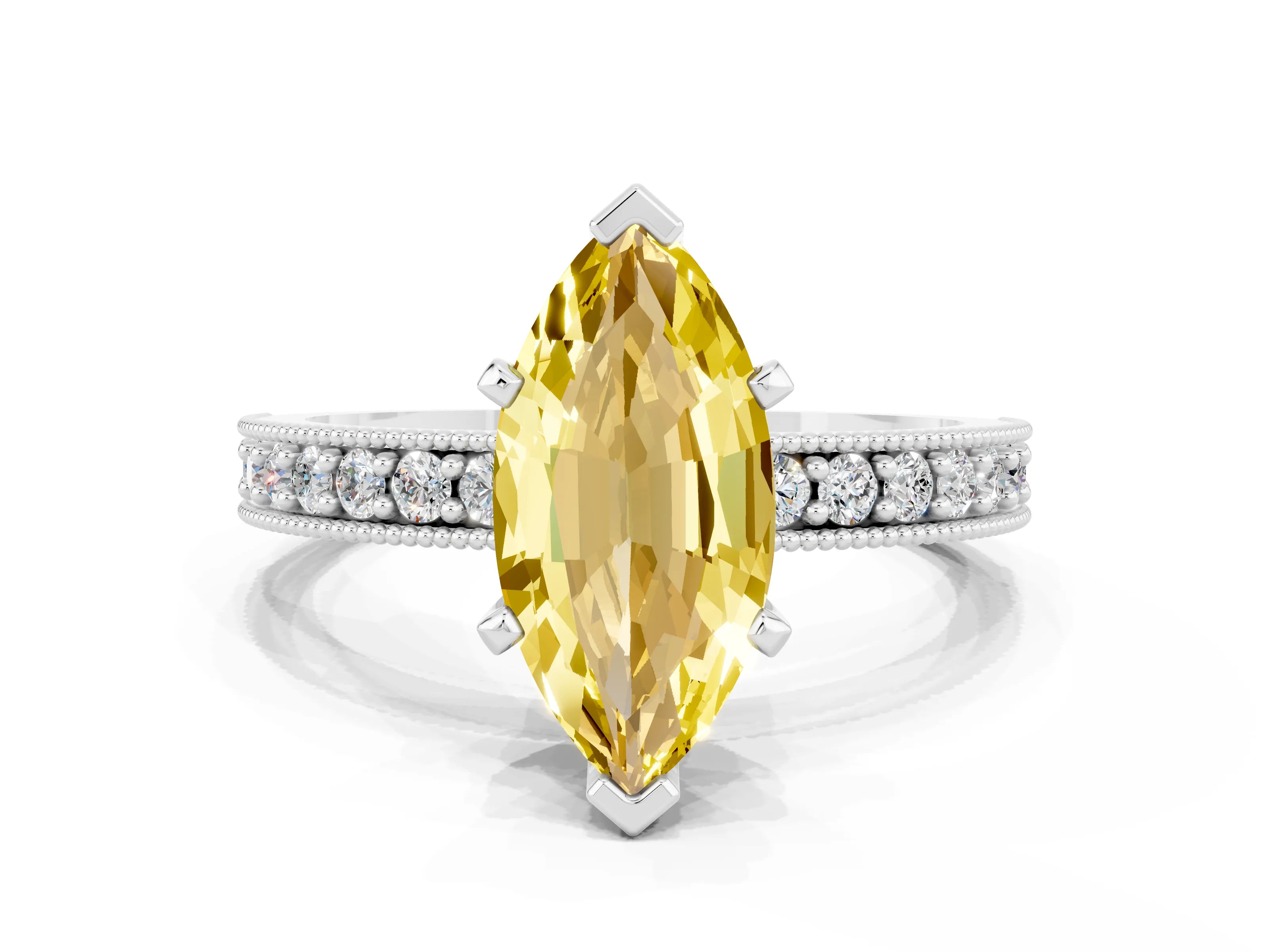 White gold Marquise Cut Yellow Sapphire Milgrain Pavé Engagement Ring with Four-Prong Setting_24