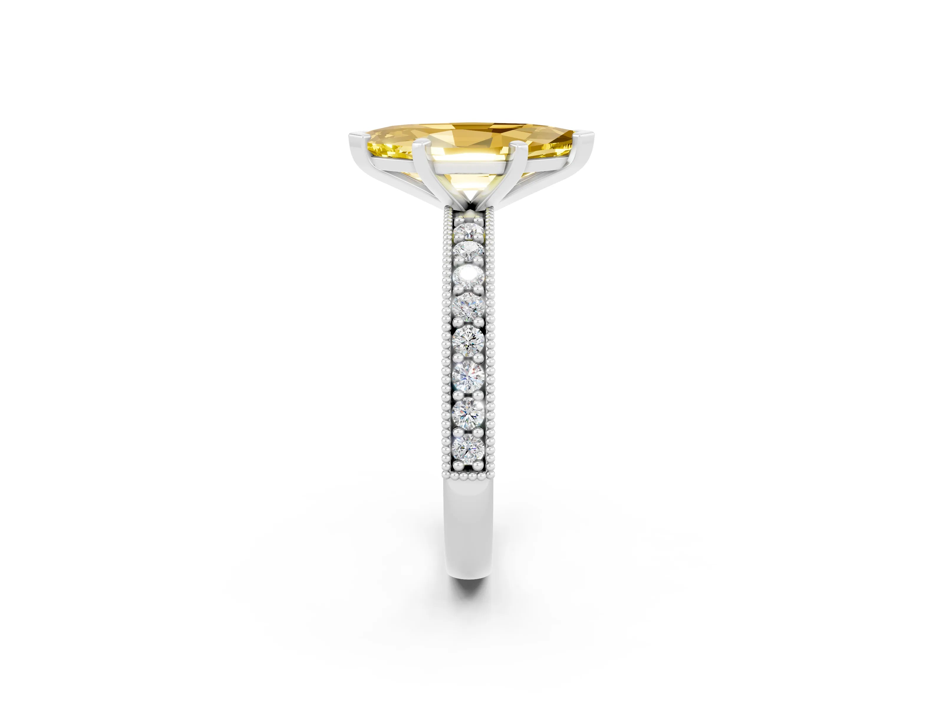 White gold Marquise Cut Yellow Sapphire Milgrain Pavé Engagement Ring with Four-Prong Setting_26
