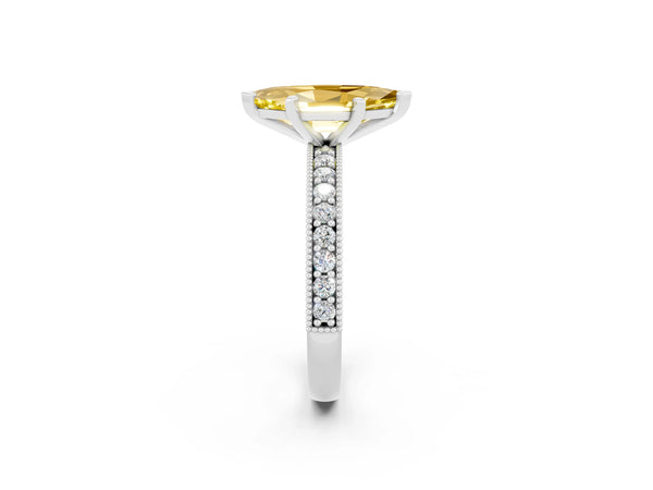 Silver Marquise Cut Yellow Sapphire Milgrain Pavé Engagement Ring with Four-Prong Setting