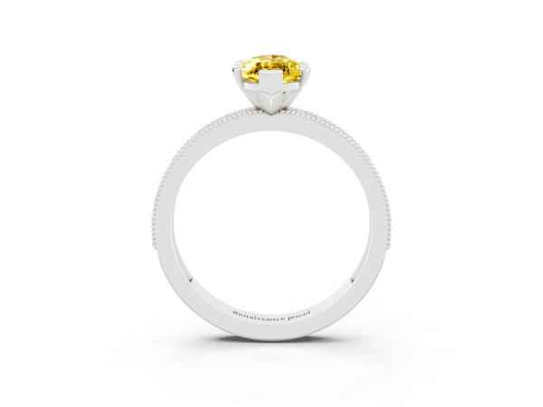 Silver Marquise Cut Yellow Sapphire Milgrain Pavé Engagement Ring with Four-Prong Setting