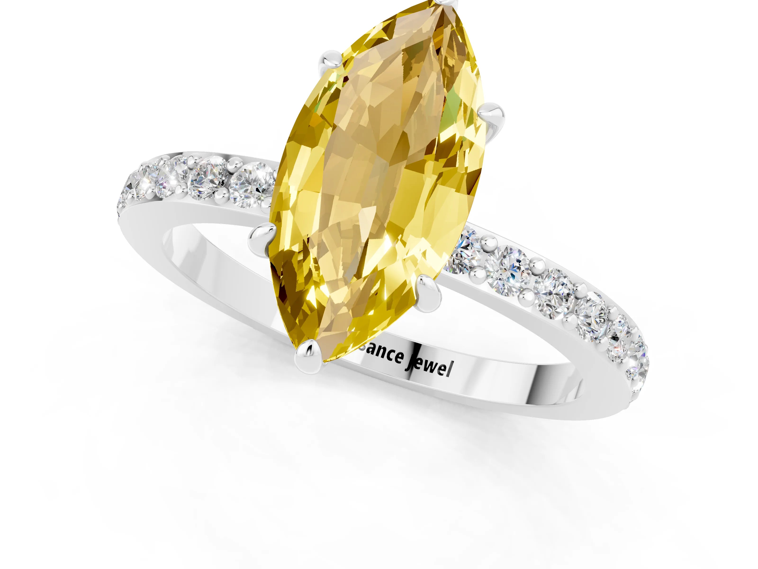 White gold Marquise Cut Yellow Sapphire Pavé Engagement Ring with Round  Accents and Prong Setting_49