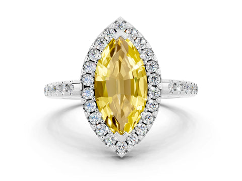 White gold Marquise Cut Yellow Sapphire Pavé Halo Ring with Four-Prong Setting_12