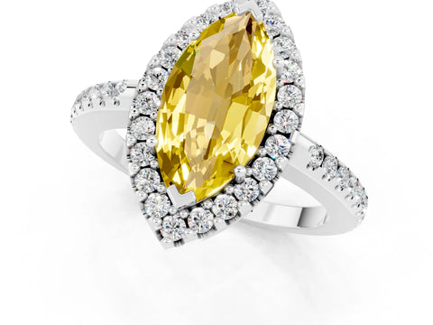 White gold Marquise Cut Yellow Sapphire Pavé Halo Ring with Four-Prong Setting_13