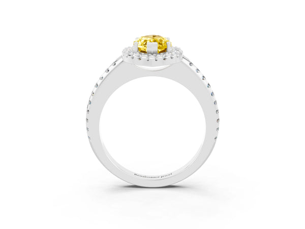 Platinum Marquise Cut Yellow Sapphire Pavé Halo Ring with Four-Prong Setting