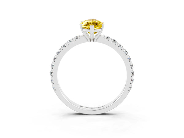 White gold Marquise Cut Yellow Sapphire Pavé Solitaire Engagement Ring with Four-Prong Setting