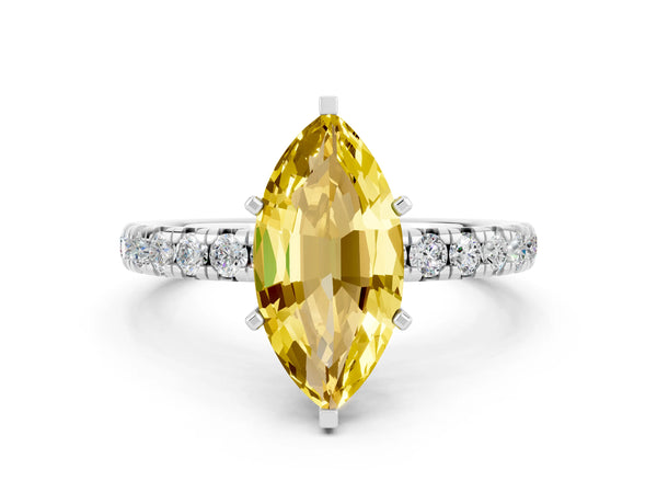 Platinum Marquise Cut Yellow Sapphire Pavé Solitaire Ring with Round Band and Prong Setting