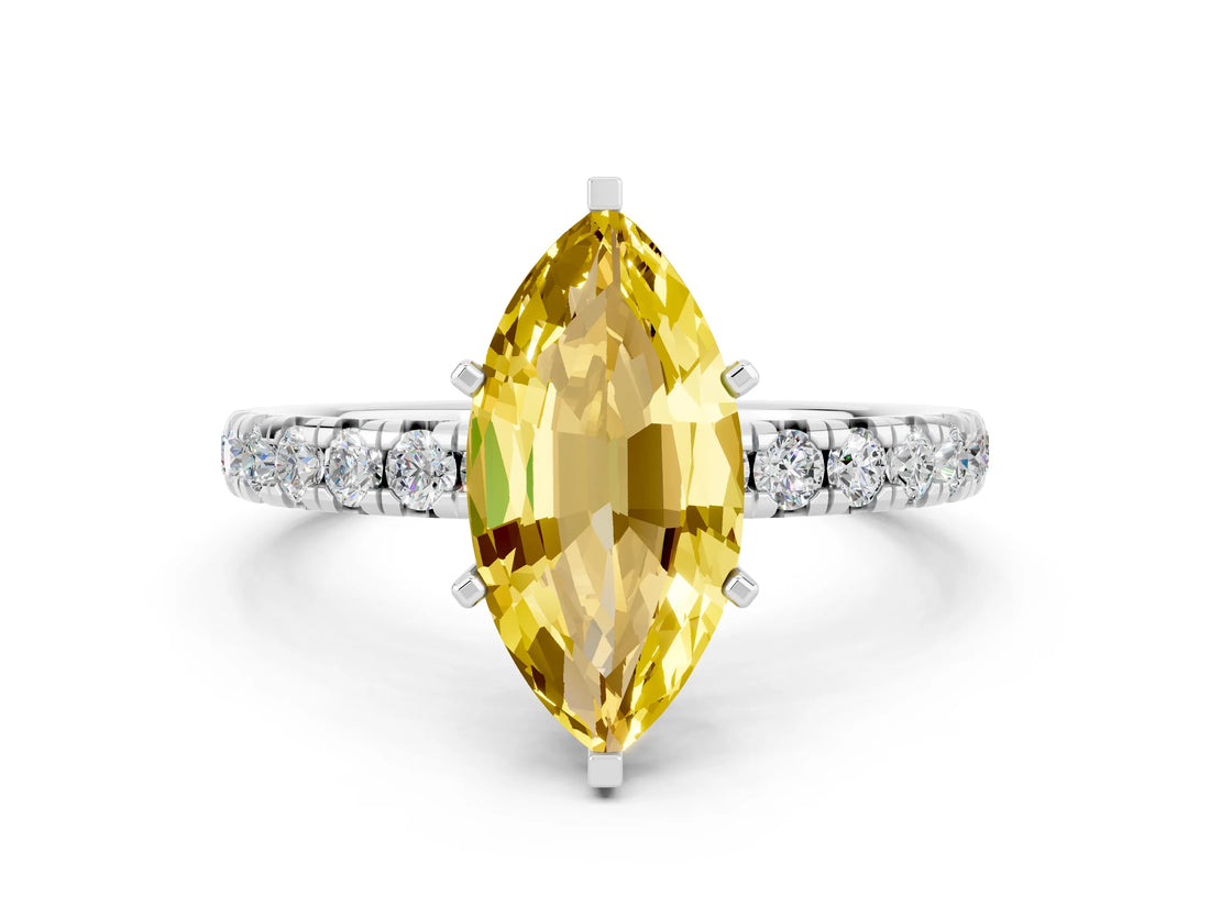 White gold Marquise Cut Yellow Sapphire Pavé Solitaire Ring with Round Band and Prong Setting_12