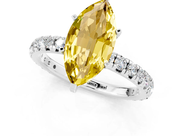 White gold Marquise Cut Yellow Sapphire Pavé Solitaire Ring with Round Band and Prong Setting