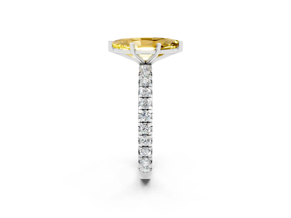 Platinum Marquise Cut Yellow Sapphire Pavé Solitaire Ring with Round Band and Prong Setting