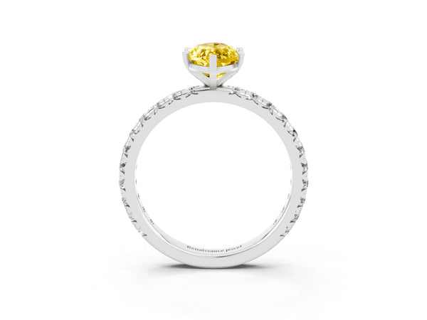 Platinum Marquise Cut Yellow Sapphire Pavé Solitaire Ring with Round Band and Prong Setting