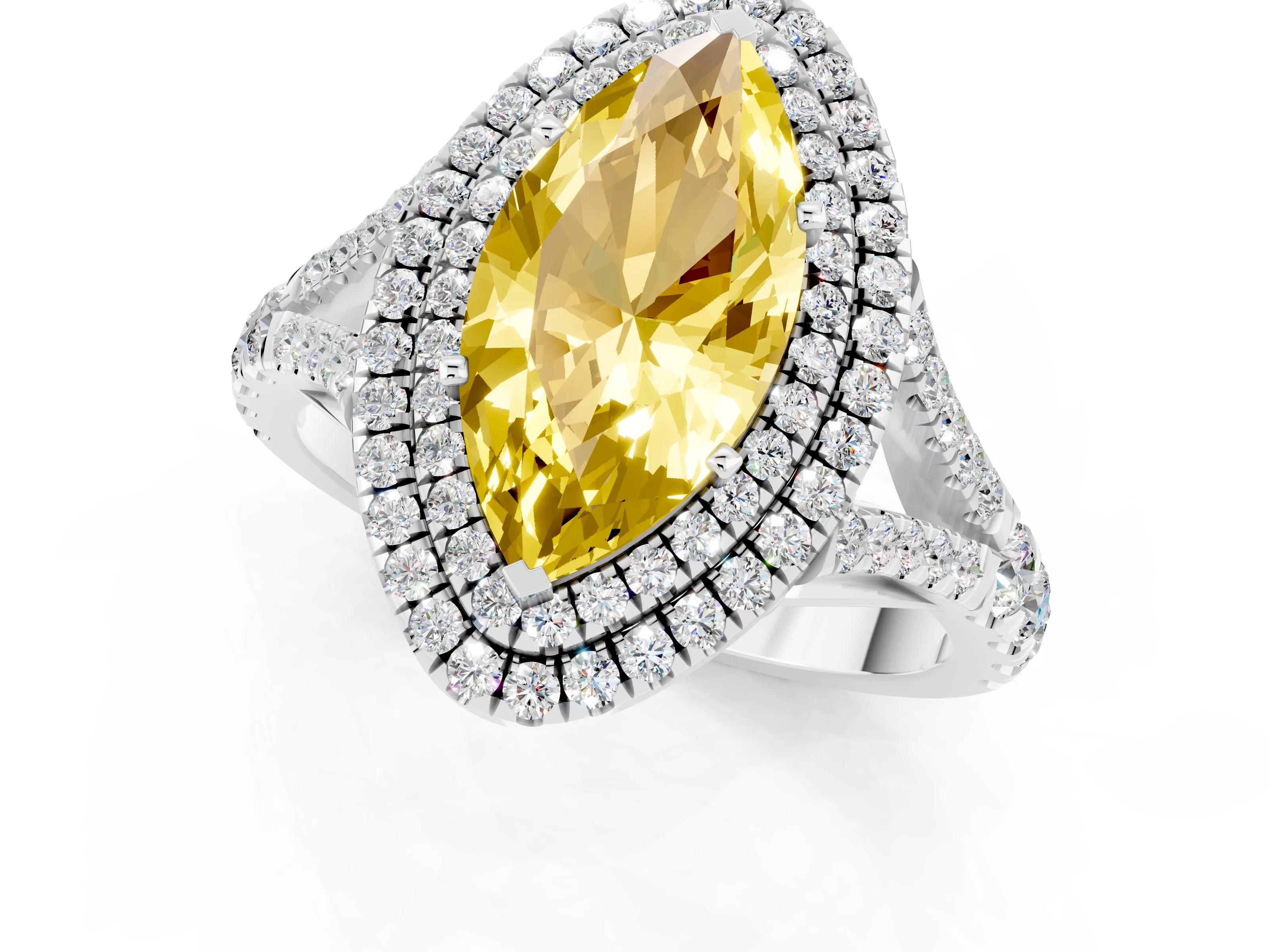 White gold Marquise Cut Yellow Sapphire Pavé Split Shank Double Halo Engagement Ring_1