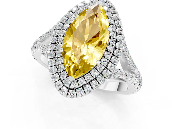 White gold Marquise Cut Yellow Sapphire Pavé Split Shank Double Halo Engagement Ring