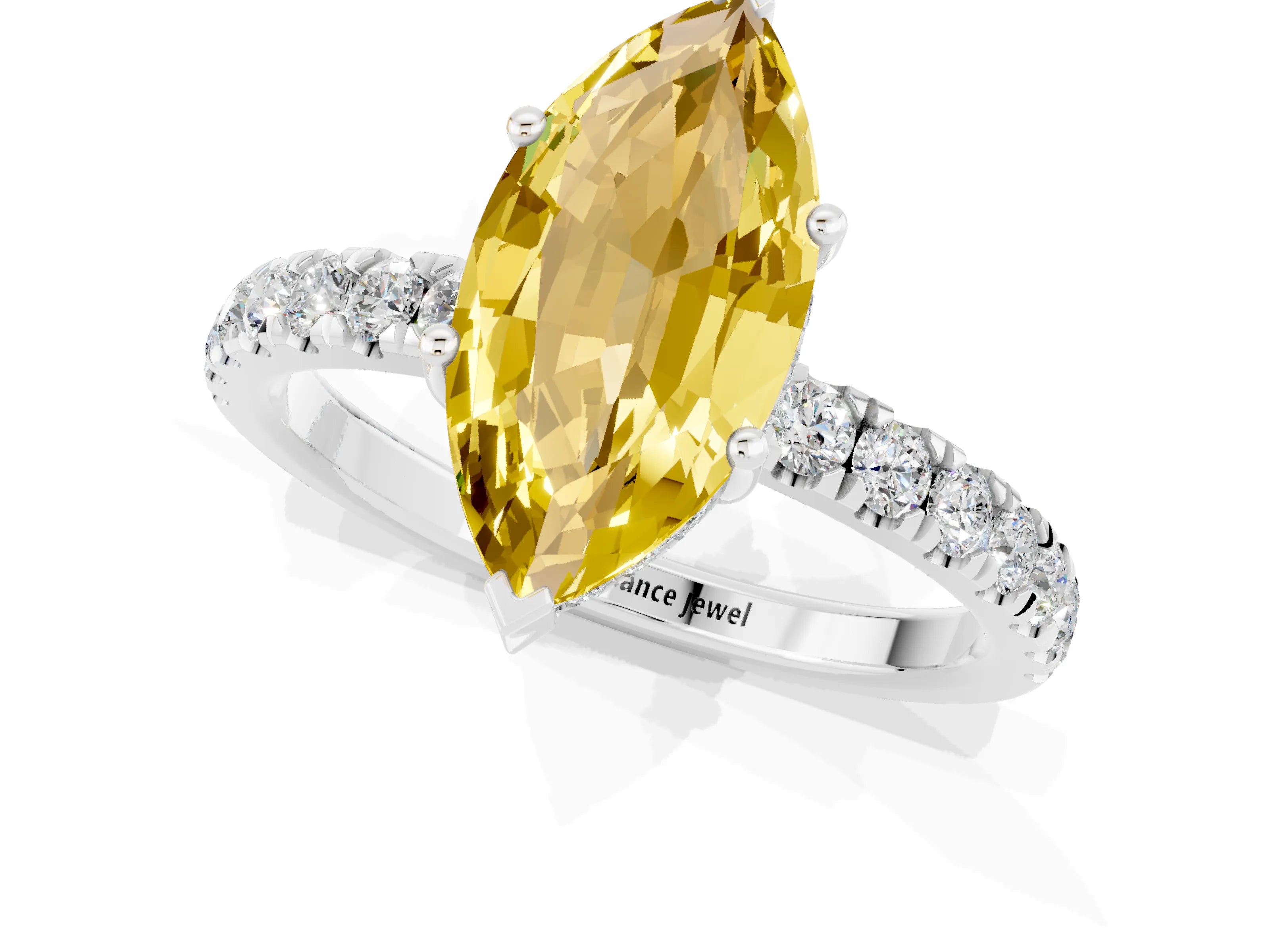 White gold Marquise Cut Yellow Sapphire Pave Band Solitaire Ring with Four-Prong Setting_61