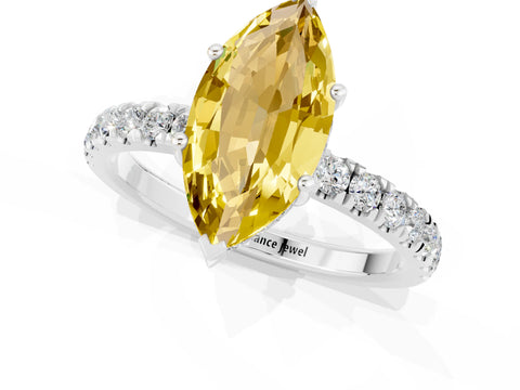 White gold Marquise Cut Yellow Sapphire Pave Band Solitaire Ring with Four-Prong Setting_61