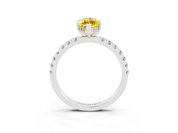 White gold Marquise Cut Yellow Sapphire Pave Band Solitaire Ring with Round  and Prong Setting