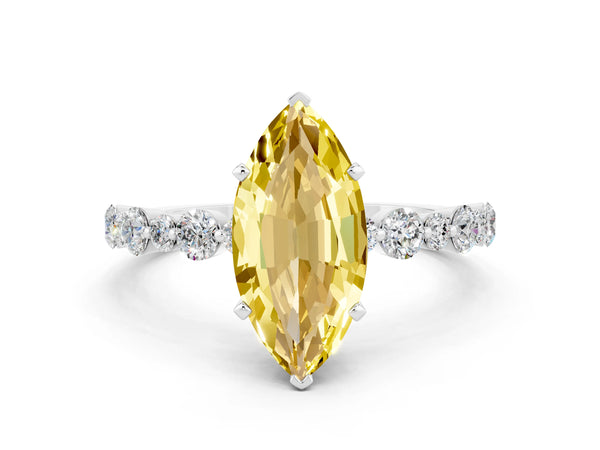 Platinum Marquise Cut Yellow Sapphire Prong Set Engagement Ring with Pavé Band