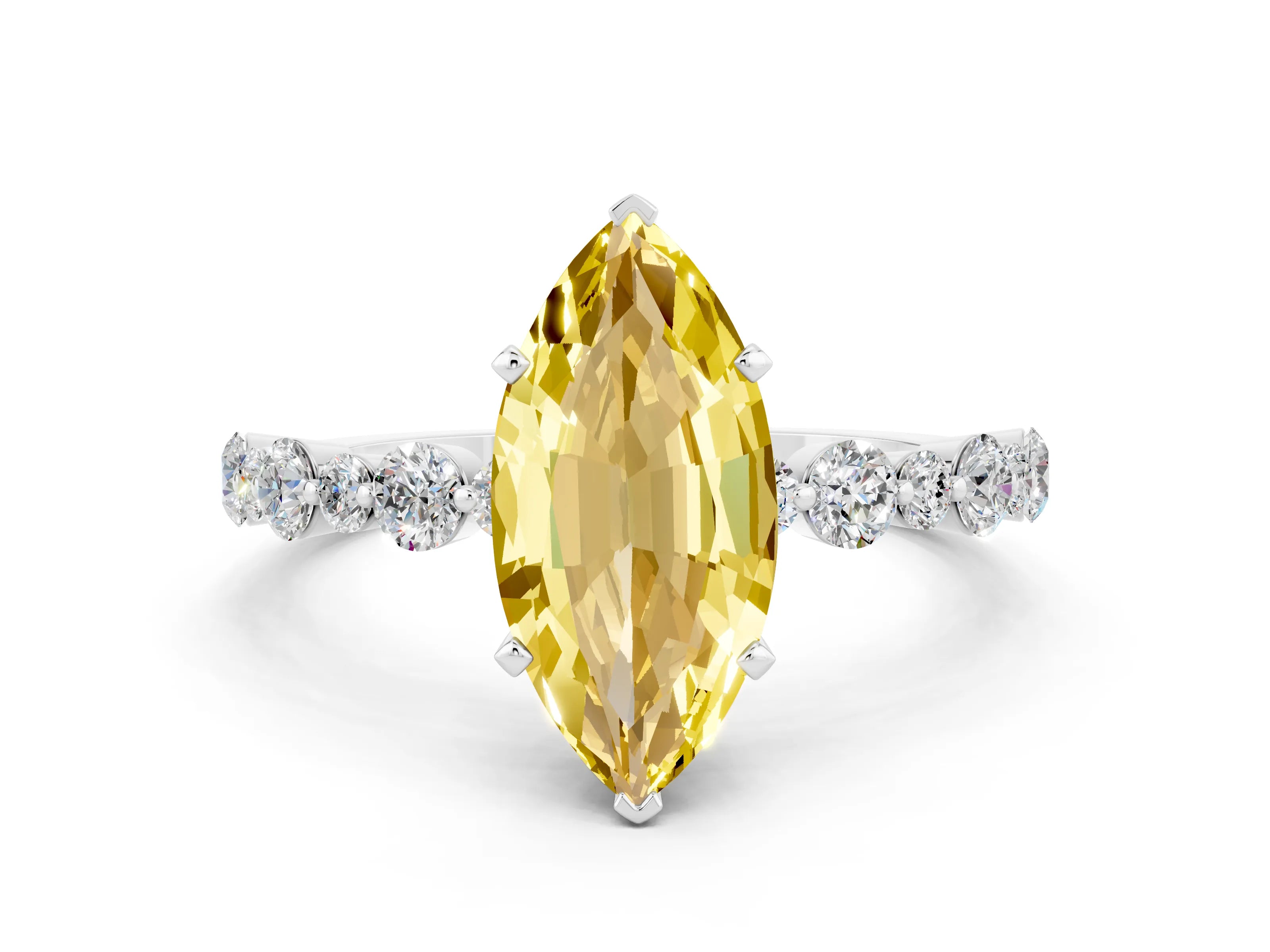 White gold Marquise Cut Yellow Sapphire Prong Set Engagement Ring with Pavé Band_12