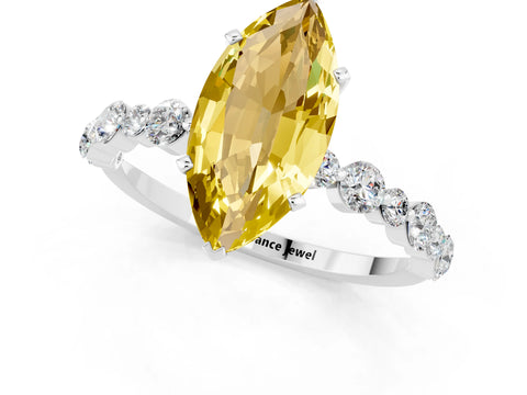 White gold Marquise Cut Yellow Sapphire Prong Set Engagement Ring with Pavé Band_13