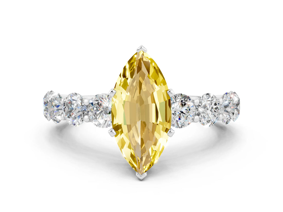 White gold Marquise Cut Yellow Sapphire Prong Setting with Side Stones on a Pave Band_24
