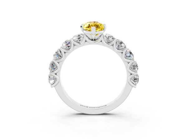 White gold Marquise Cut Yellow Sapphire Prong Setting with Side Stones on a Pave Band