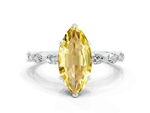 White gold Marquise Cut Yellow Sapphire Ring with Marquise Side Stones and Prong Setting_12