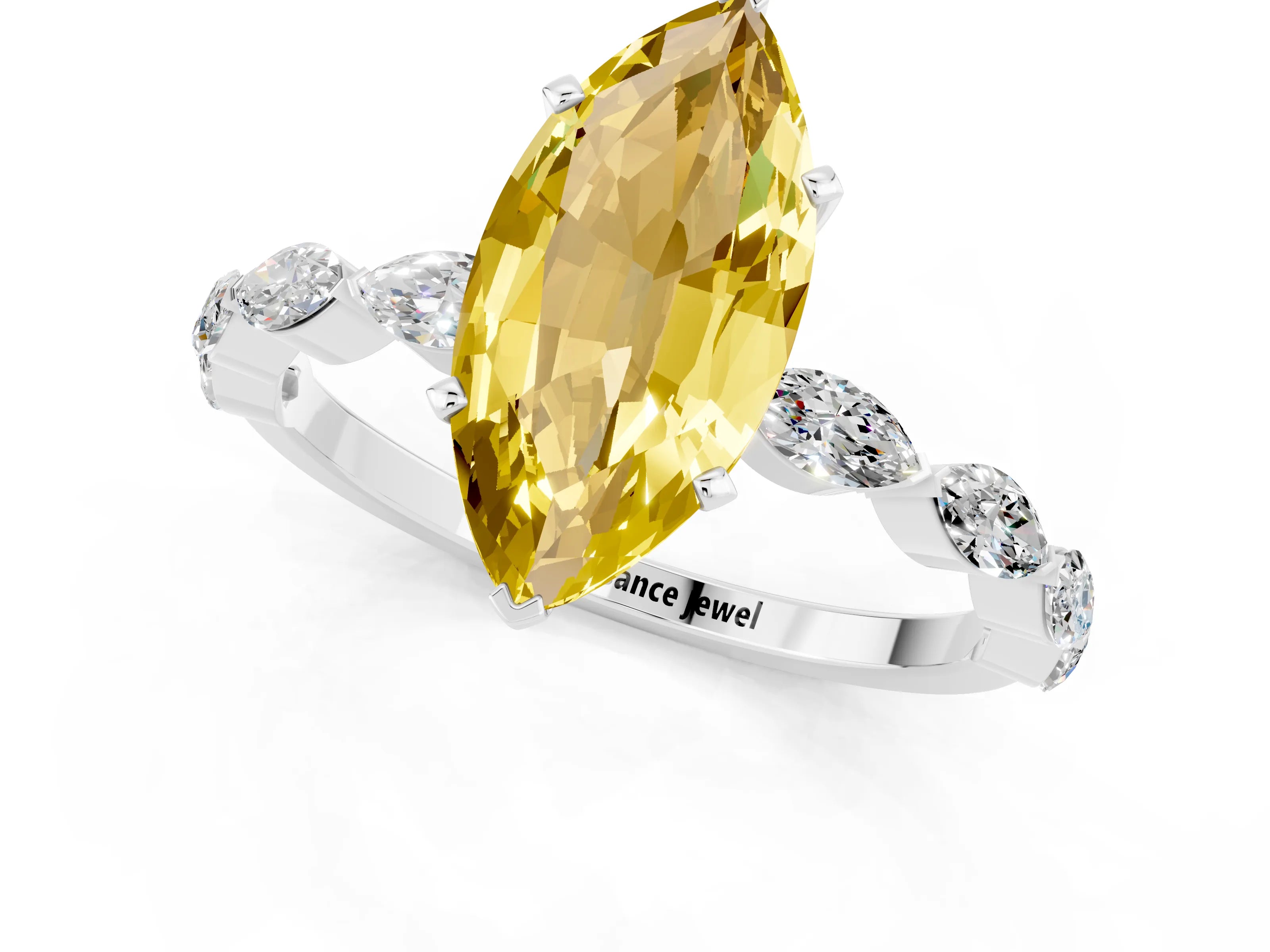 White gold Marquise Cut Yellow Sapphire Ring with Marquise Side Stones and Prong Setting_13