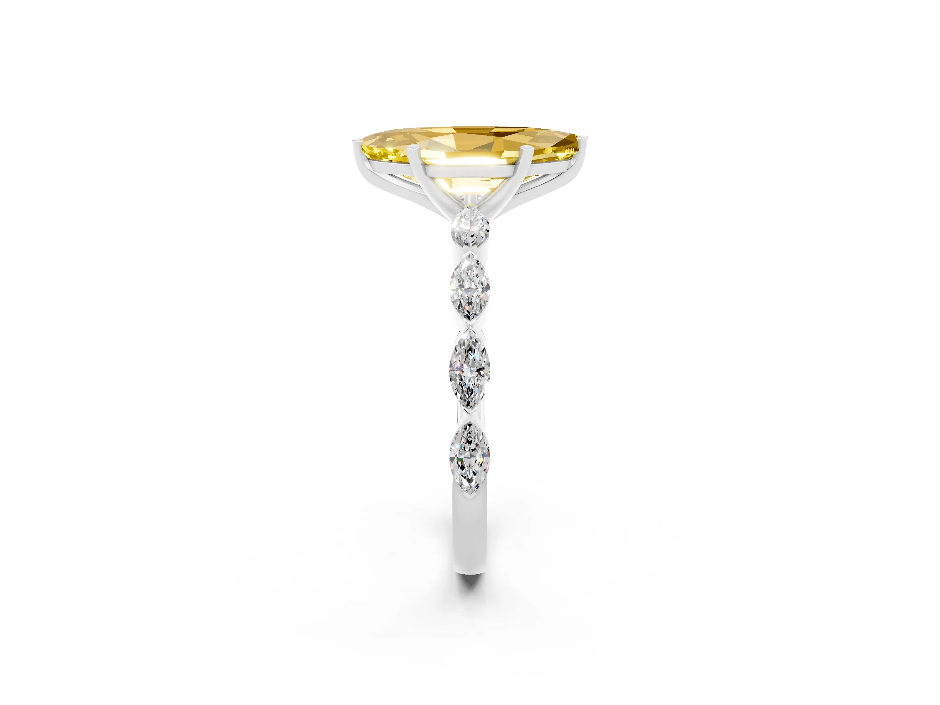 White gold Marquise Cut Yellow Sapphire Ring with Marquise Side Stones and Prong Setting_14
