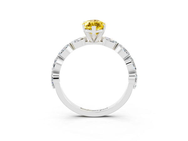 White gold Marquise Cut Yellow Sapphire Ring with Marquise Side Stones and Prong Setting