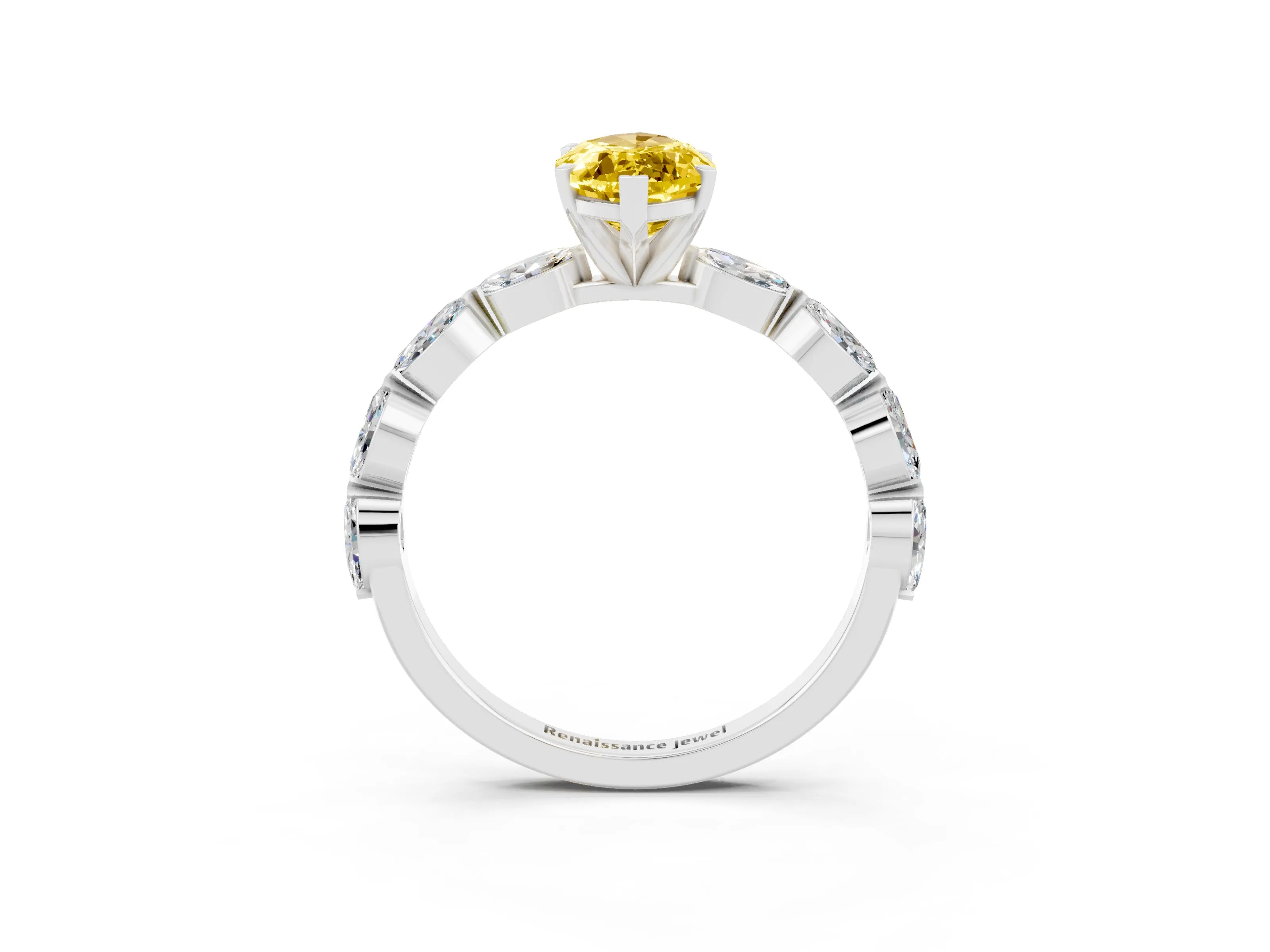White gold Marquise Cut Yellow Sapphire Ring with Marquise Side Stones and Prong Setting_15