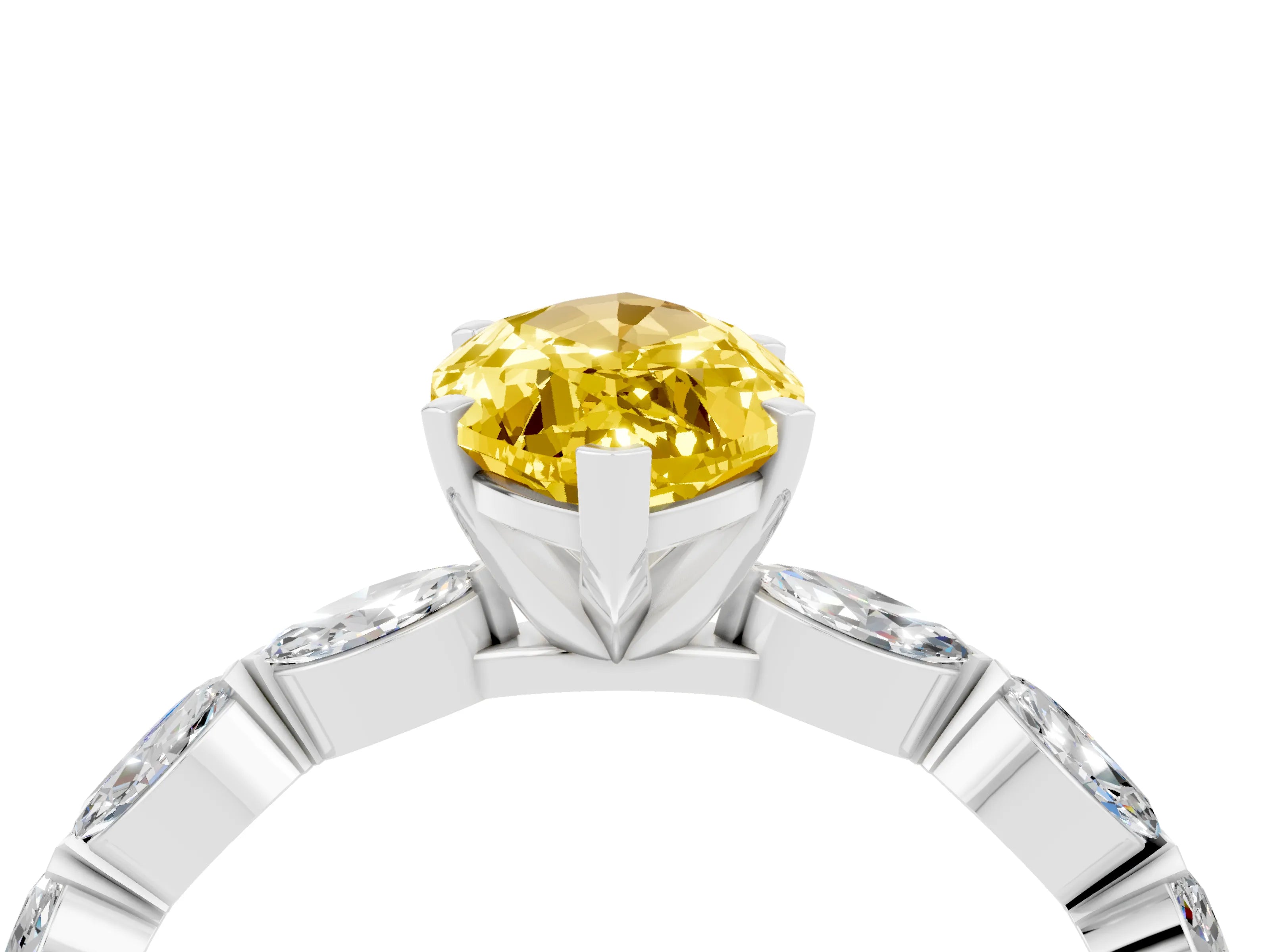 White gold Marquise Cut Yellow Sapphire Ring with Marquise Side Stones and Prong Setting_16