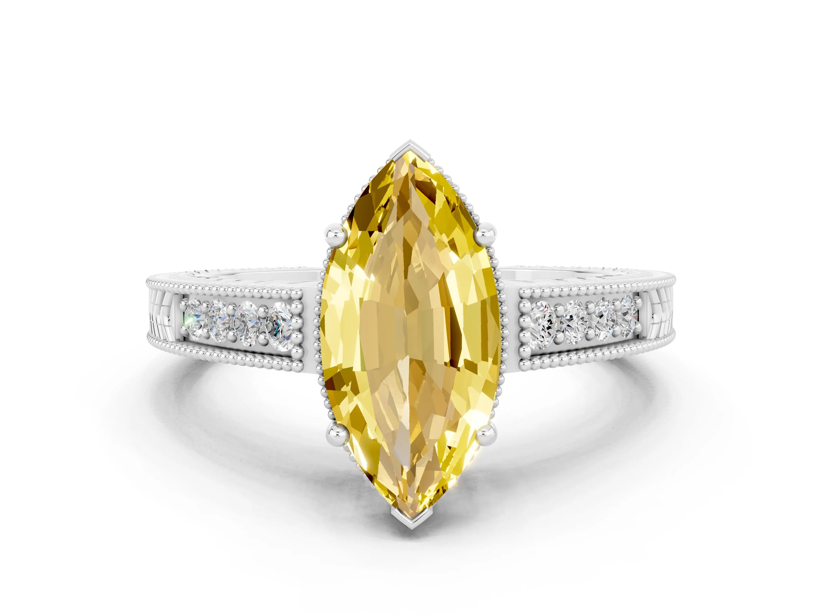 White gold Marquise Cut Yellow Sapphire Ring with Milgrain Pavé Band and Four-Prong Setting_36
