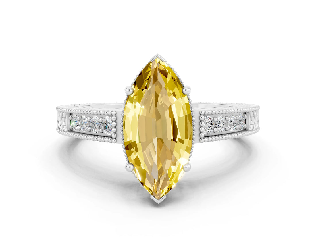 White gold Marquise Cut Yellow Sapphire Ring with Milgrain Pavé Band and Four-Prong Setting_36