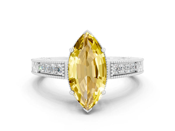 Platinum Marquise Cut Yellow Sapphire Ring with Milgrain Pavé Band and Four-Prong Setting
