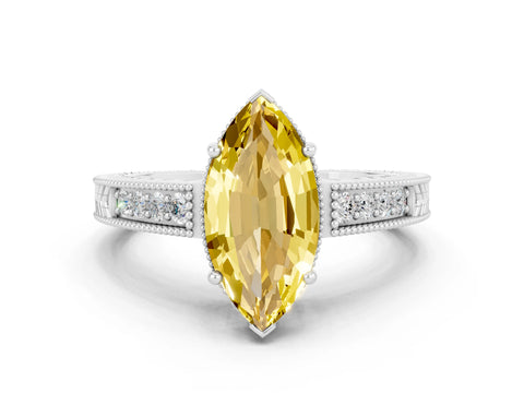 White gold Marquise Cut Yellow Sapphire Ring with Milgrain Pavé Band and Four-Prong Setting_36