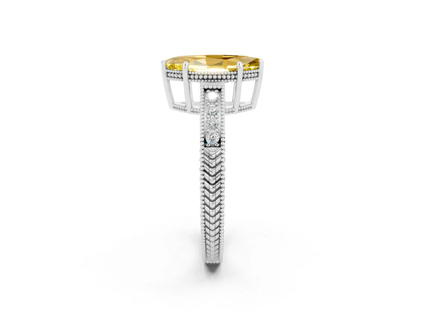 Platinum Marquise Cut Yellow Sapphire Ring with Milgrain Pavé Band and Four-Prong Setting