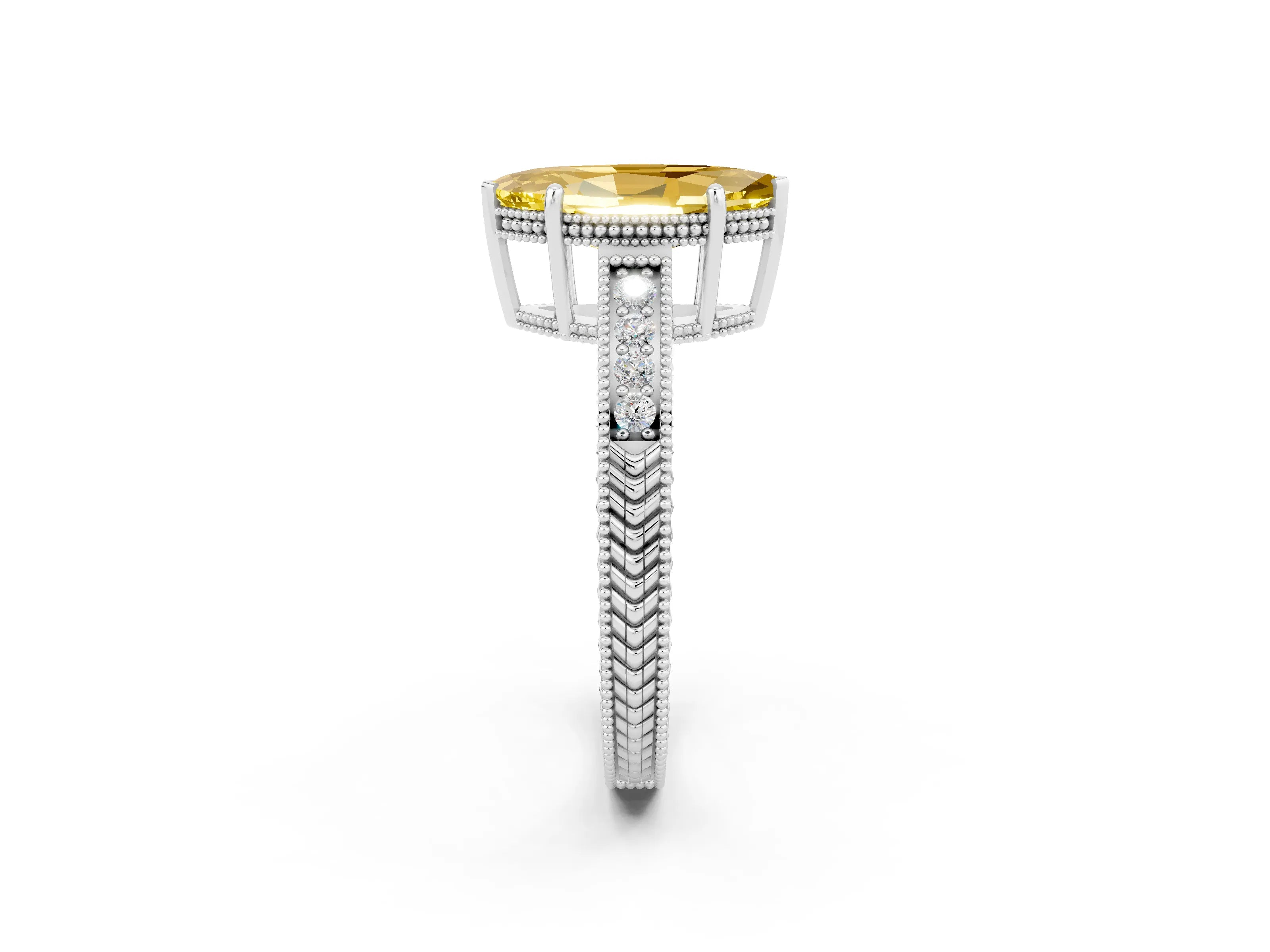 White gold Marquise Cut Yellow Sapphire Ring with Milgrain Pavé Band and Four-Prong Setting_38