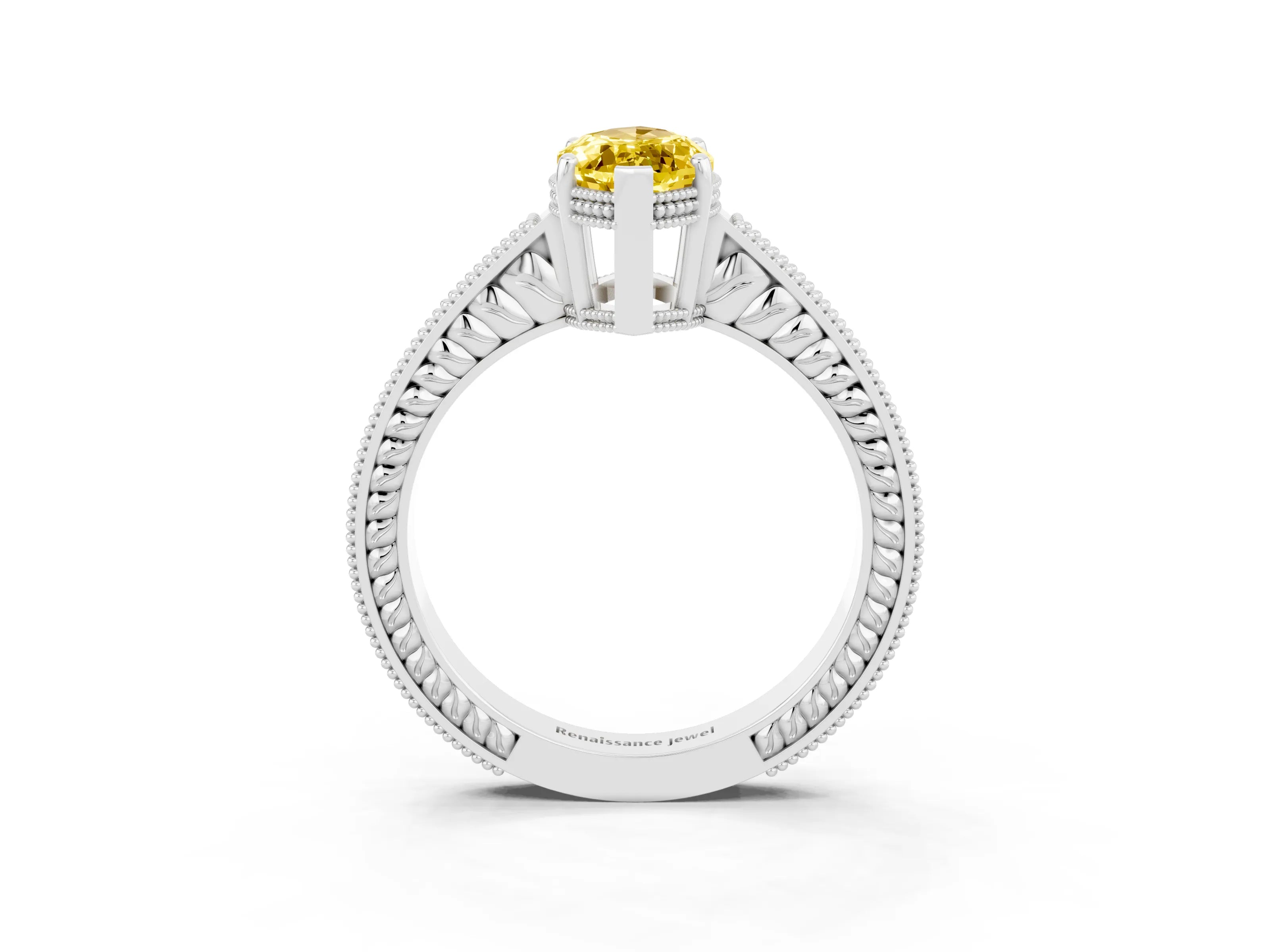 White gold Marquise Cut Yellow Sapphire Ring with Milgrain Pavé Band and Four-Prong Setting_39