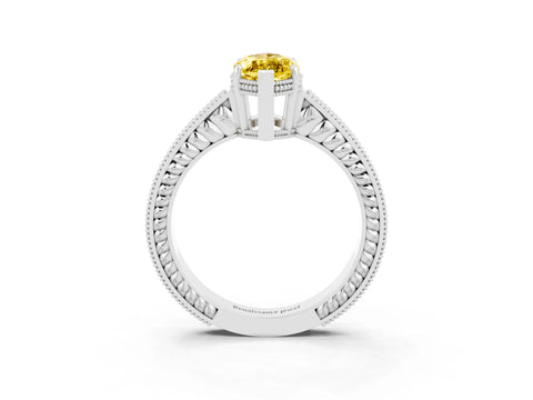White gold Marquise Cut Yellow Sapphire Ring with Milgrain Pavé Band and Four-Prong Setting_39