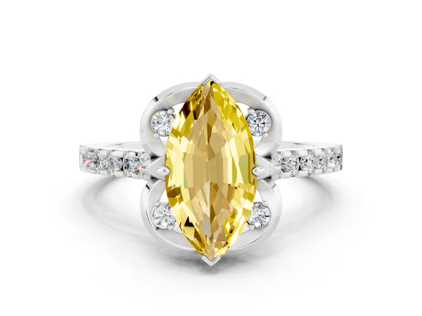 Platinum Marquise Cut Yellow Sapphire Ring with Pavé Band and Floral Prong Setting