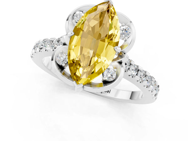 Platinum Marquise Cut Yellow Sapphire Ring with Pavé Band and Floral Prong Setting