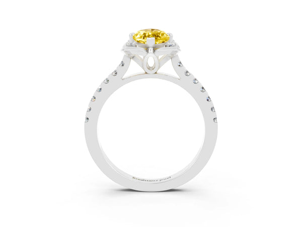 White gold Marquise Cut Yellow Sapphire Ring with Pavé Band and Floral Prong Setting