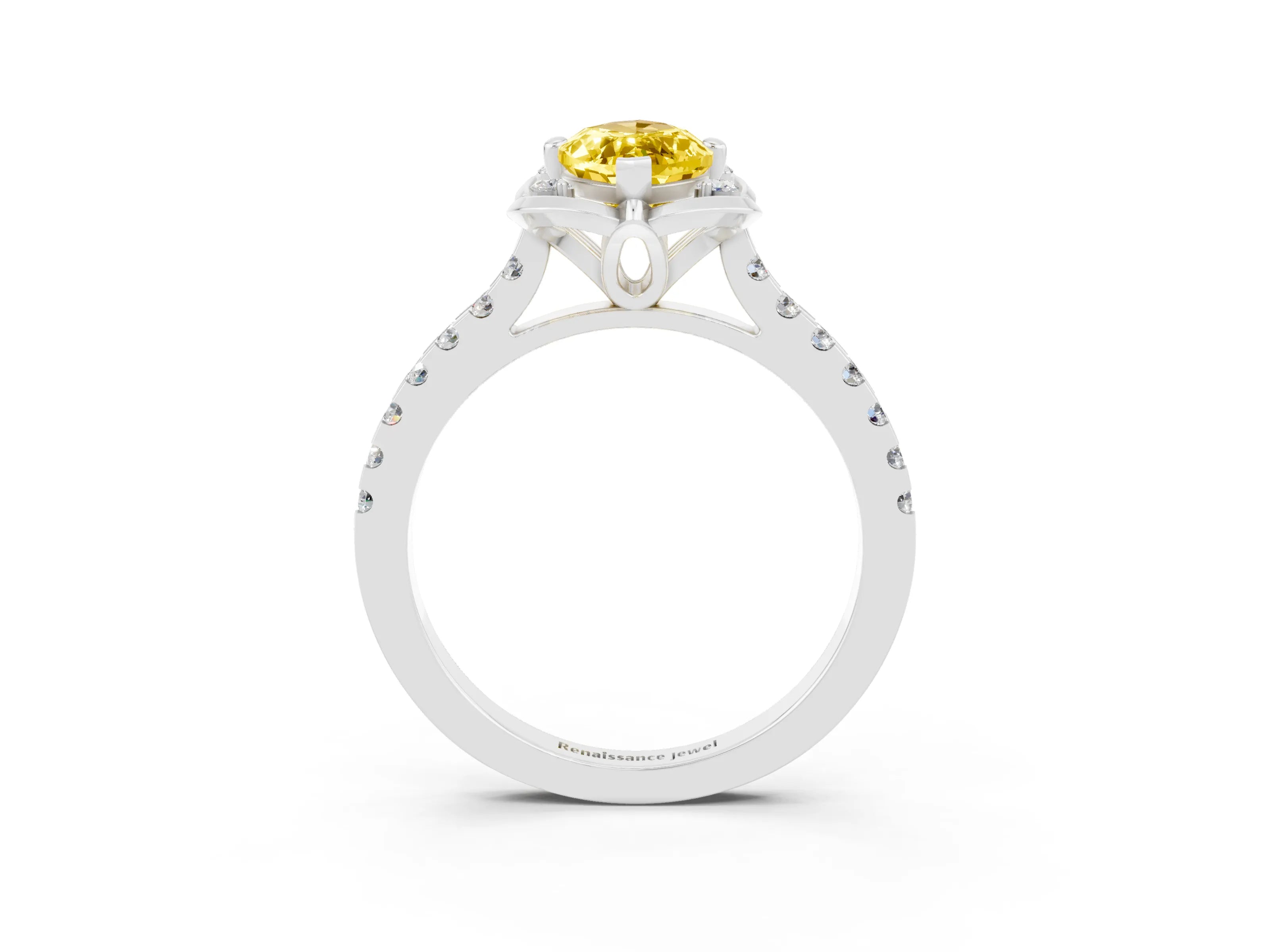 White gold Marquise Cut Yellow Sapphire Ring with Pavé Band and Floral Prong Setting_3