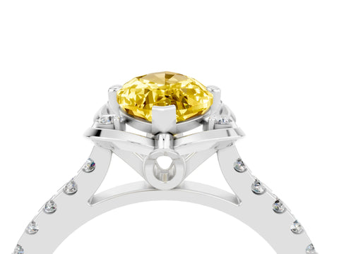 White gold Marquise Cut Yellow Sapphire Ring with Pavé Band and Floral Prong Setting_4