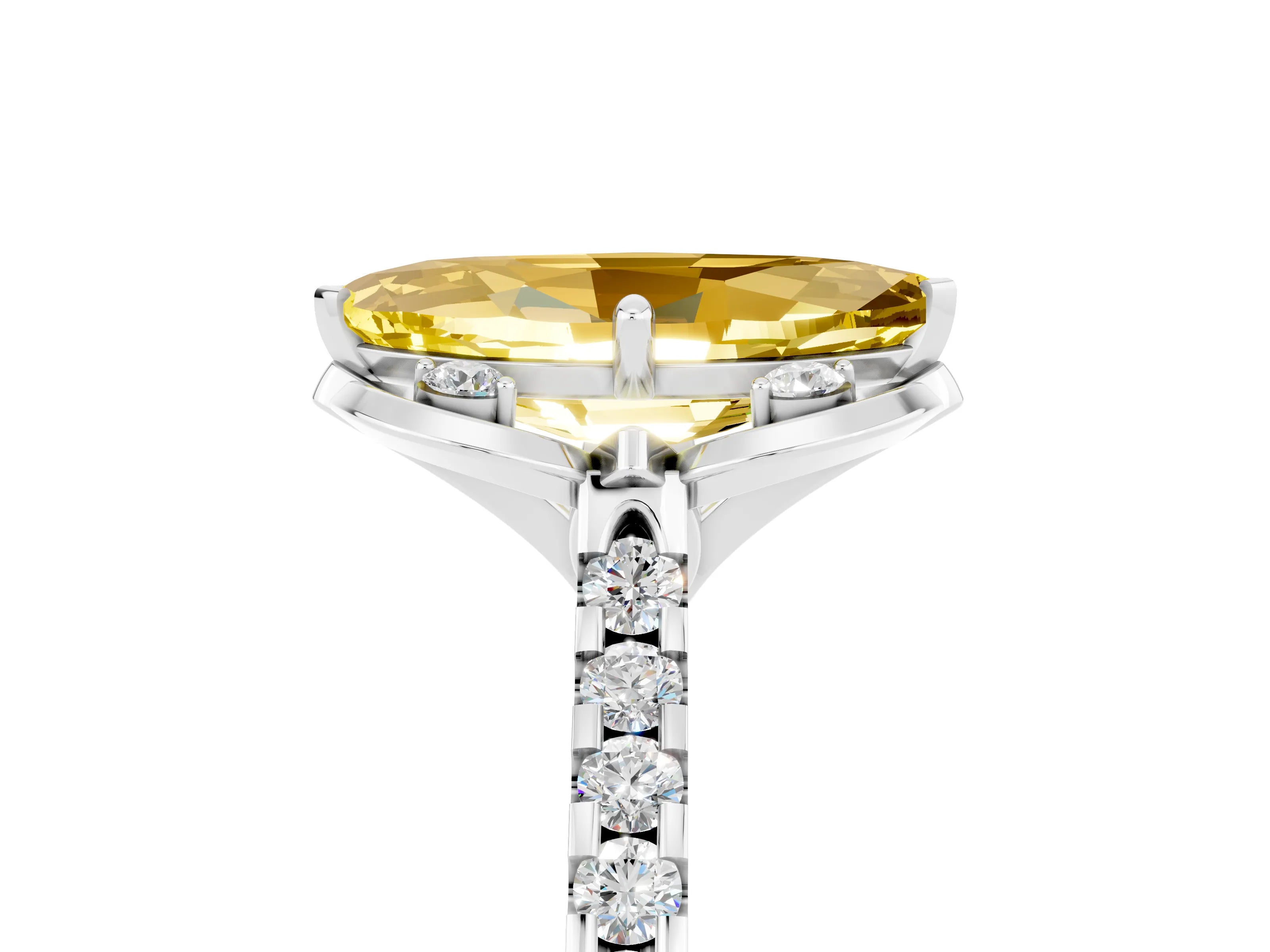 White gold Marquise Cut Yellow Sapphire Ring with Pavé Band and Floral Prong Setting_5