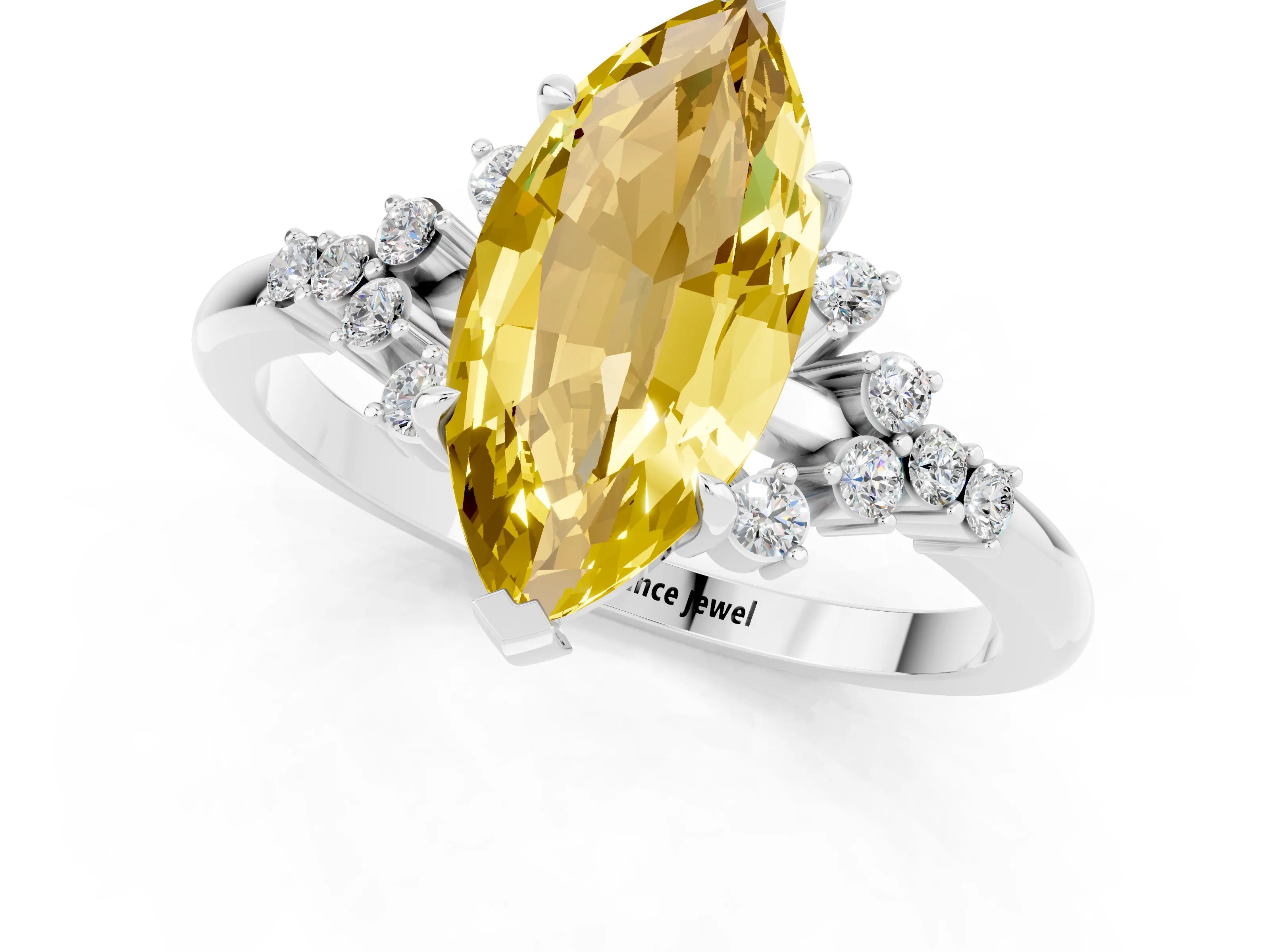 White gold Marquise Cut Yellow Sapphire Ring with Side Stones and Four-Prong Setting_79